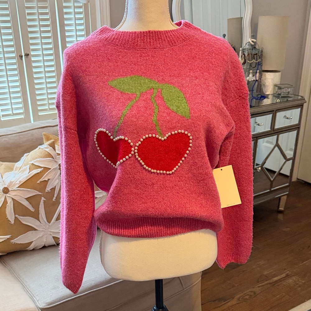 Adorable Pink Sweater with Cherry Design & Pearl Embellishment - Small NWT